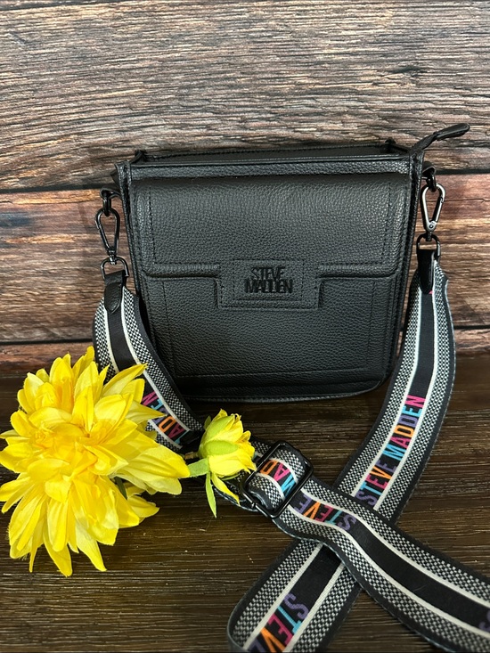 Steve Madden Handbags - Steve Madden Bmezza Black Pebbled Crossbody with Multicolor Logo Strap